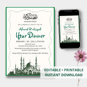Elegant Green Sketch Mosque Iftar Dinner Kaart