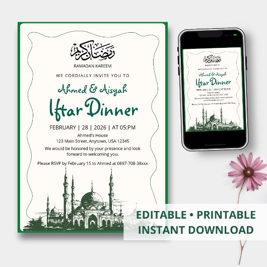 Elegant Green Sketch Mosque Iftar Dinner Kaart