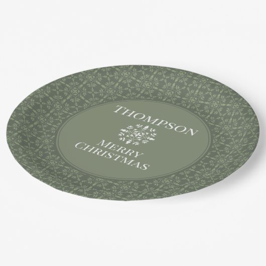 Elegant Green Snowflake Pattern Border Papieren Bordje (Gekanteld)