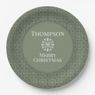 Elegant Green Snowflake Pattern Border Papieren Bordje