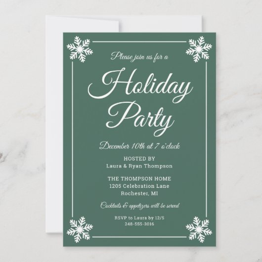 Elegant Green Snowflake Script Holiday Party Kaart (Voorkant)