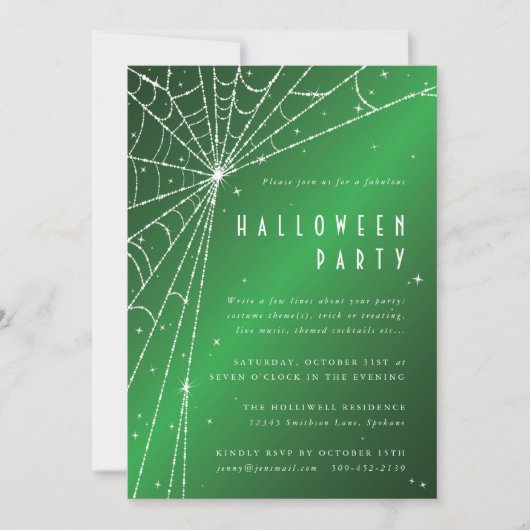 Elegant Green Sparging Spider Web Halloween Party Kaart (Voorkant)