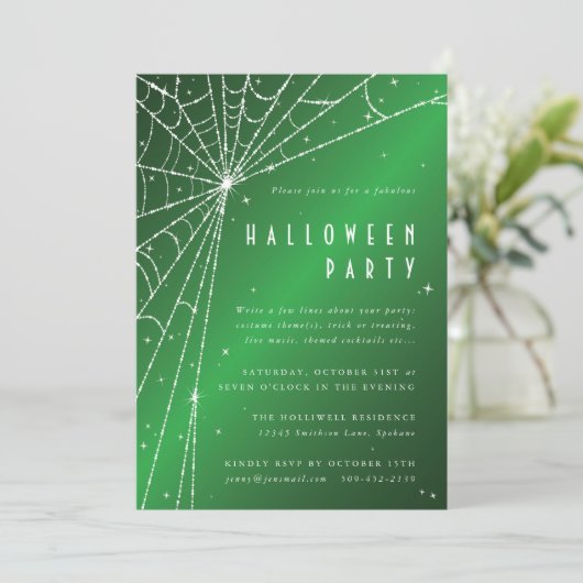 Elegant Green Sparging Spider Web Halloween Party Kaart (Staand voorkant)
