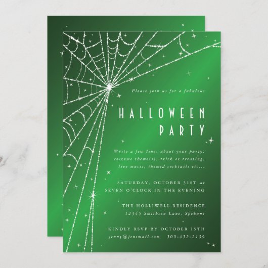 Elegant Green Sparging Spider Web Halloween Party Kaart (Voorkant / Achterkant)