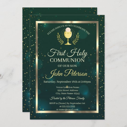 Elegant Green, Stars First Heilige Communie Kaart (Voorkant / Achterkant)