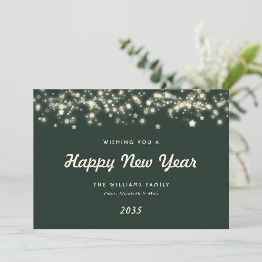 Elegant Green Stars Photo Happy New Year Card Feestdagenkaart (Staand voorkant)