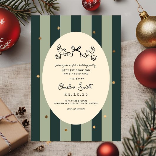 Elegant Green Striped Holiday Party Invitation Kaart