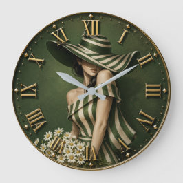 Elegant Green Striped Lady  with Wide Brim Hat  Grote Klok