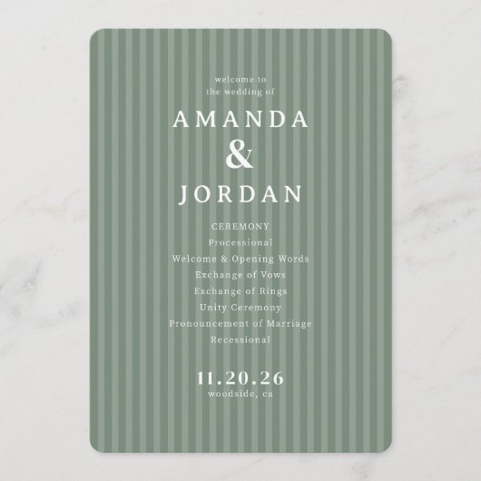 Elegant Green Striped Wedding Ceremony Programmakaart (Voorkant)