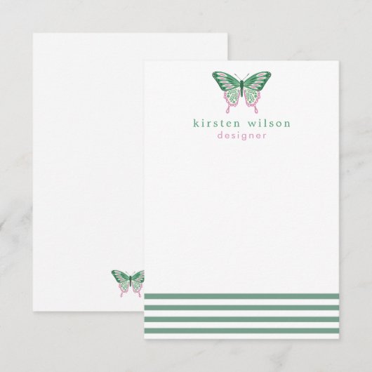 Elegant Green Stripes & Butterfly - Speciaal Notitiekaartje (Voorkant / Achterkant)