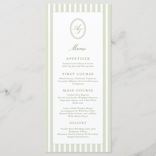 Elegant Green Stripes Wedding Menu (Voorkant)