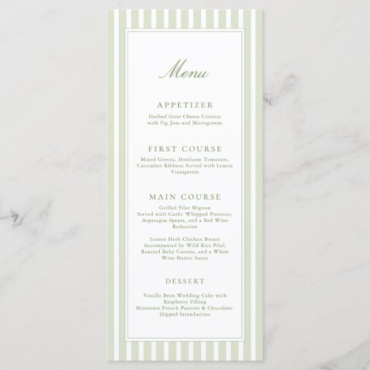 Elegant Green Stripes Wedding Menu (Voorkant)