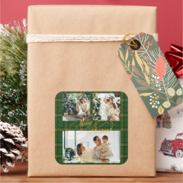 Elegant Green Tartan Family Photo Christmas  Vierkante Sticker