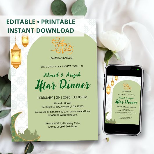 Elegant Green Terracotta Arch Ramadan Iftar Kaart