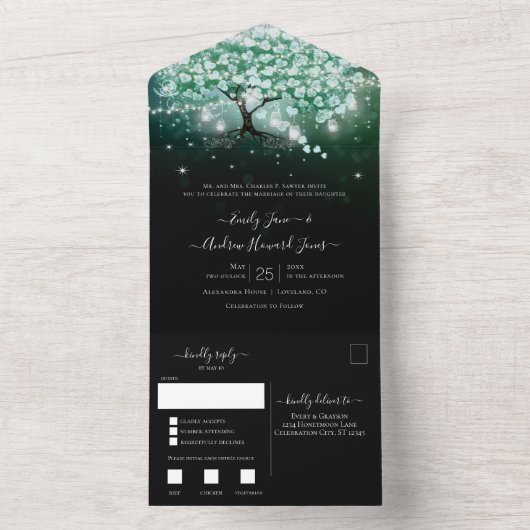 Elegant Green Tint Blue Heart Leaf Tree Wedding All In One Uitnodiging (Binnen)