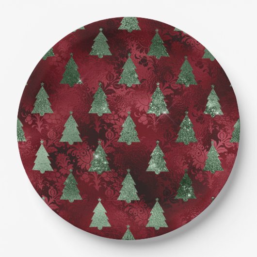 Elegant Green Trees Red Faux Foil Christmas  Papieren Bordje (Voorkant)