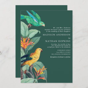 Elegant Green Tropical Bird Wedding Invitation Kaart