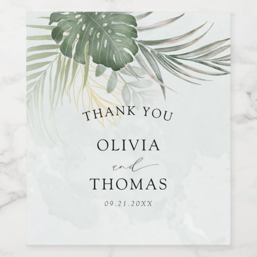 Elegant Green Tropical Thank You Wedding Wijn Etiket (Enkel label)
