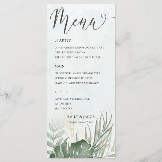 Elegant Green Tropical Watercolor Wedding Menu (Voorkant)