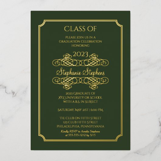 Elegant Green University Graduation Party Gold Folie Uitnodiging (Voorkant)