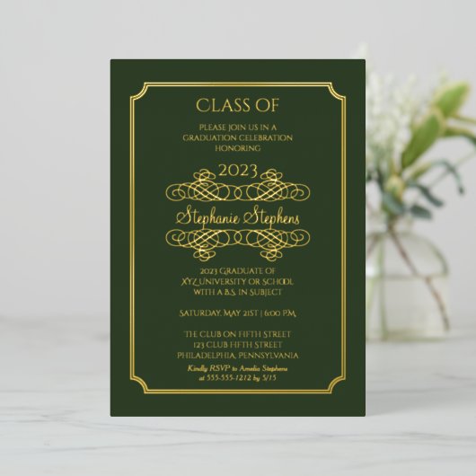 Elegant Green University Graduation Party Gold Folie Uitnodiging (Staand Voorkant)