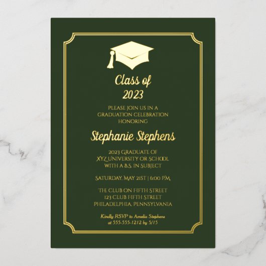 Elegant Green University Graduation Party Gold Folie Uitnodiging (Voorkant)