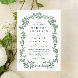 Elegant Green Victorian Floral Frame Wedding Kaart
