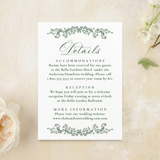 Elegant Green Victorian Floral Wedding Details Informatiekaartje