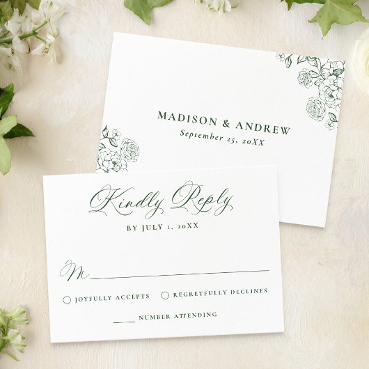 Elegant Green Victorian Floral Wedding RSVP Kaartje