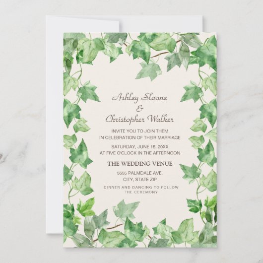 Elegant Green Vining Leaves Ivy Cream Wedding Kaart (Voorkant)