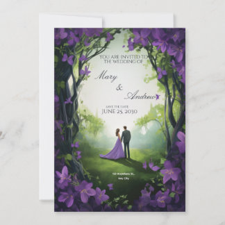Elegant Green & Violet Wedding Invitation Kaart