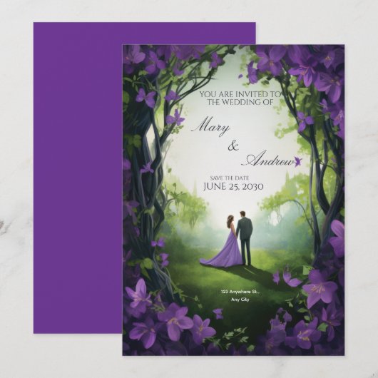 Elegant Green & Violet Wedding Invitation Kaart (Voorkant / Achterkant)