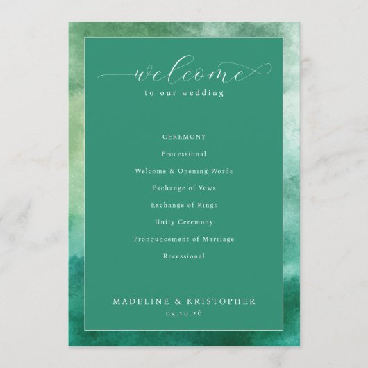 Elegant Green Watercolor Wedding Ceremony Programmakaart (Voorkant)