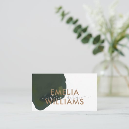 Elegant Green Waterverf Abstract Gold Script  Visitekaartje (Staand voorkant)