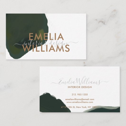 Elegant Green Waterverf Abstract Gold Script  Visitekaartje (Voorkant / Achterkant)