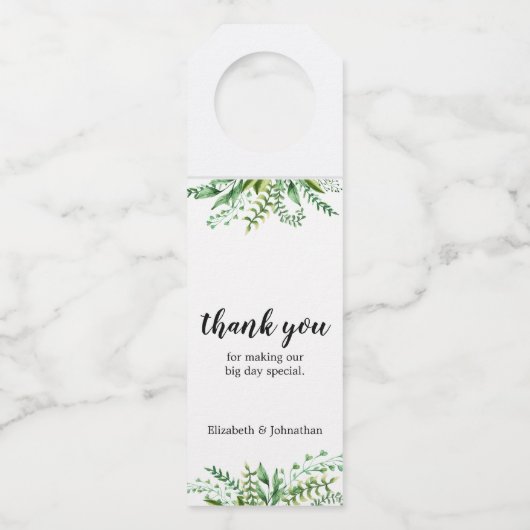Elegant Green Waterverf Botanical Wedding Flessenhanger (Voorkant)