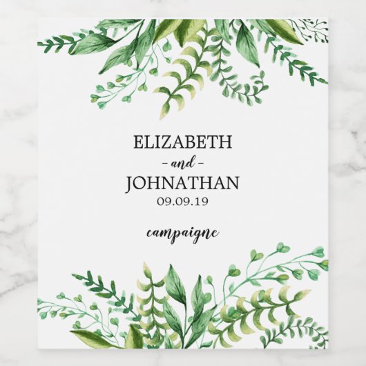 Elegant Green Waterverf Botanical Wedding Wijn Etiket (Enkel label)