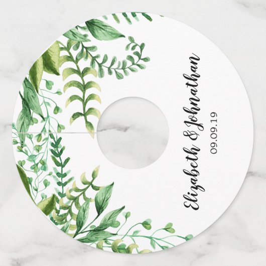 Elegant Green Waterverf Botanical Wedding Wijnglaslabel (Voorkant)