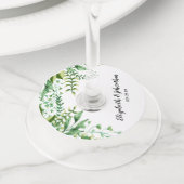 Elegant Green Waterverf Botanical Wedding Wijnglaslabel (Dichtbij)