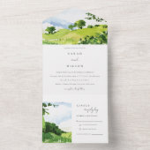 Elegant Green Waterverf Countryside Hills Wedding All In One Uitnodiging (Binnen)