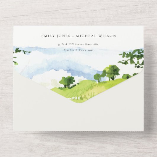 Elegant Green Waterverf Countryside Hills Wedding All In One Uitnodiging (Achterkant)