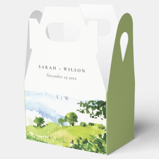 Elegant Green Waterverf Countryside Hills Wedding Bedankdoosjes (Geopend)