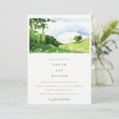 Elegant Green Waterverf Countryside Hills Wedding Kaart (Staand voorkant)