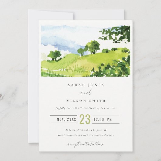 Elegant Green Waterverf Countryside Hills Wedding Kaart (Voorkant)