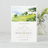 Elegant Green Waterverf Countryside Hills Wedding Kaart (Staand voorkant)