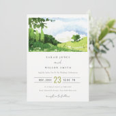 Elegant Green Waterverf Countryside Hills Wedding Kaart (Staand voorkant)