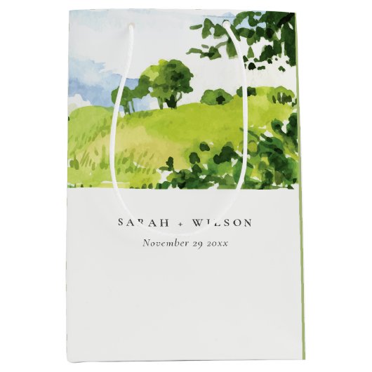 Elegant Green Waterverf Countryside Hills Wedding Medium Cadeauzakje (Voorkant)
