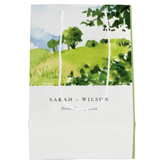 Elegant Green Waterverf Countryside Hills Wedding Medium Cadeauzakje (Achterkant)