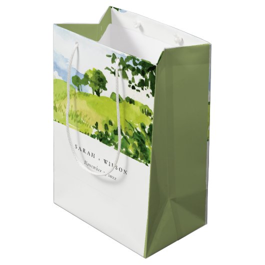 Elegant Green Waterverf Countryside Hills Wedding Medium Cadeauzakje (Achterkant Gekanteld)