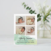 Elegant Green Waterverf Foto geboortebekendmaking Briefkaart (Staand voorkant)